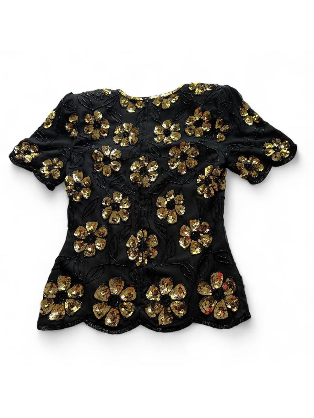 Vintage 1980s Stenay Black Gold Silk Sequin Beaded Floral Blouse Women's Small - Picture 5 of 6